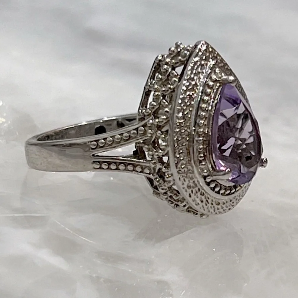 Rose de France Amethyst Pear Shaped Sterling Silver Ring Sz 8